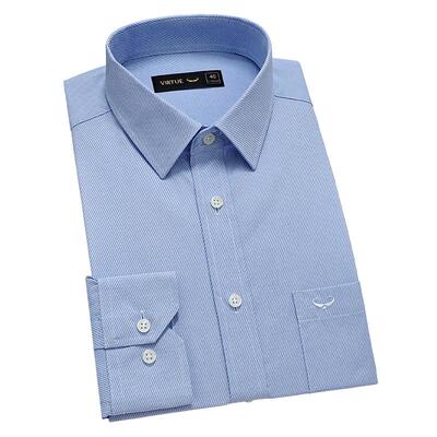 富绅秋季男士浅蓝斜纹免烫商务修身衬衫长袖中青年职业装方领衬衣