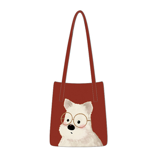尼睿新款红色帆布包可爱小狗大容量托特包通勤百搭单肩包女礼物AS