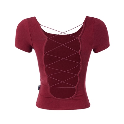 辣妹后背镂空绑带短袖T恤带胸垫