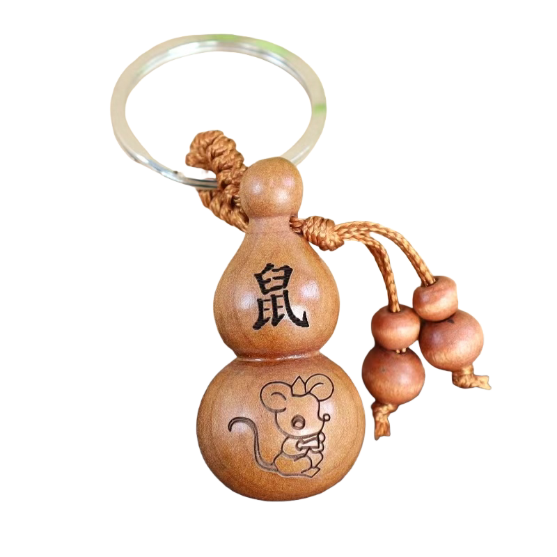 新品桃木葫芦钥匙扣雕刻十二生肖图案深色葫芦挂件小礼品