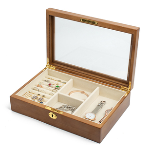 木质首饰盒实木收纳盒戒指手饰品高档精致新婚五金展示盒透明玻璃