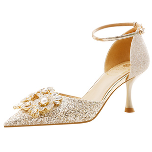 璀璨之花rosecastle春夏新款婚鞋一字带水钻中空高跟鞋新娘结婚鞋