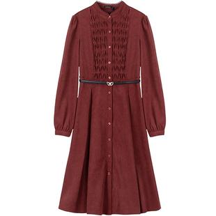 LAGOGO安可拉红收腰连衣裙女拉谷谷2025秋冬新款法式花边圆领裙子