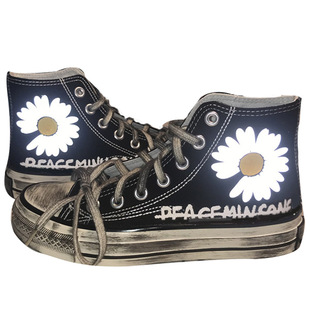 原创爆改反光手绘涂鸦帆布鞋GD明星同款小雏菊小脏菊高帮帆布鞋