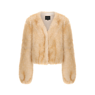 NanaJacqueline冬季新款复古V领环保皮草女轻奢高级感鸭嘴扣外套