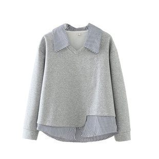 胖妹妹新款2025秋装翻领条纹假两件女上衣中年洋气气质大码卫衣