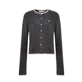 Kroche  慵懒灰调 羊毛混纺 撞色边针织开衫短袖短半裙三件套