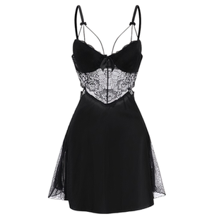 性感蕾丝带胸垫吊带聚拢真丝睡裙女纯欲风秋冬款桑蚕丝睡衣家居服