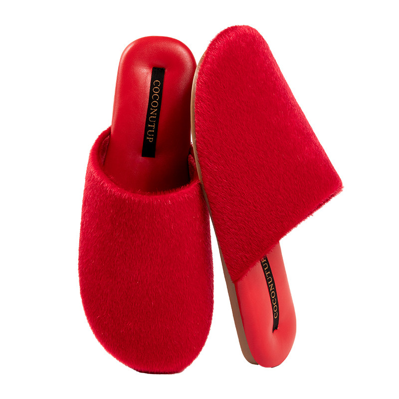 新款拖鞋女红色喜庆时尚仿马毛绒家居室内防滑静音情侣拖鞋本命年