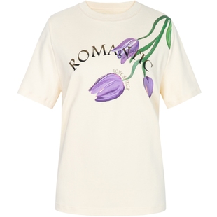 XG雪歌创意花卉印花短袖T恤时尚春季新款浅黄色纯棉圆领上衣女装