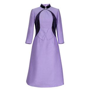 木真了旗袍式连衣裙立领拼接丝绒A摆七分袖镶钻女裙102