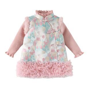 班喜迪拜年服女童汉服旗袍裙冬装宝宝周岁礼服儿童新中式唐装裙子