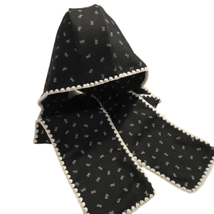 蝴蝶结印花围巾帽子一体女2025秋冬季韩版保暖围脖百搭连帽围巾潮