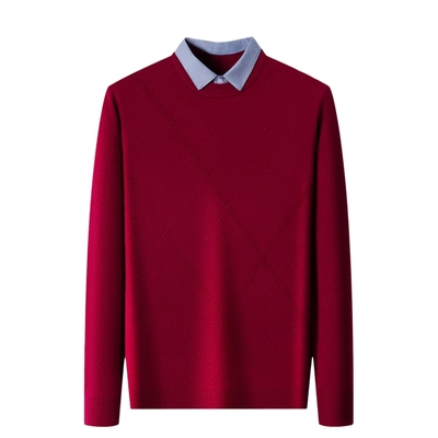 假两件衬衫领毛衣男款秋冬季红色