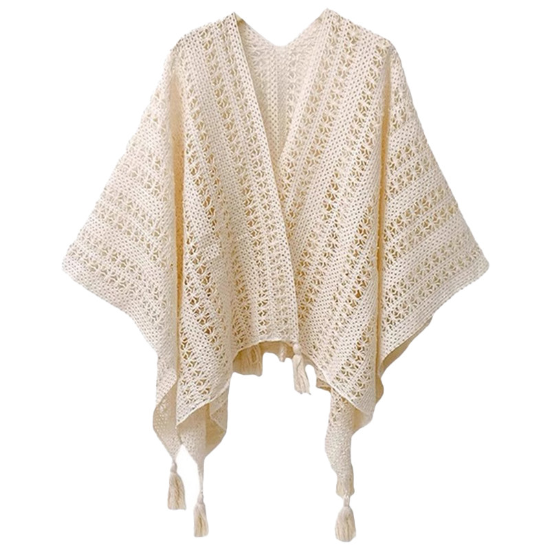 森系白色镂空针织披肩女2026新款春秋民族风拍照外搭披风斗篷外套
