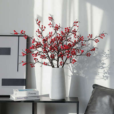 冬青红果发财果仿真花摆件假花干花花束客厅餐桌红色花招财浆果花