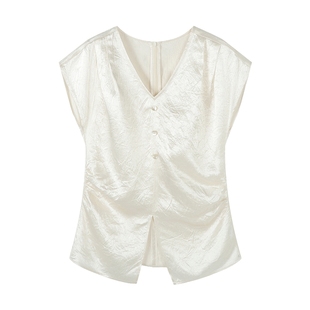 Basic House/百家好休闲百搭潮流宽松显瘦夏季新款V领短袖衬衫女