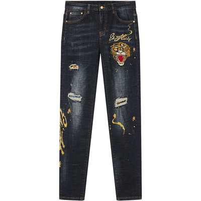 bm个性嘻哈刺绣虎头破洞牛仔裤