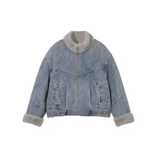 港风复古加绒加厚短款牛仔外套女秋冬小个子穿搭拉链设计保暖棉袄