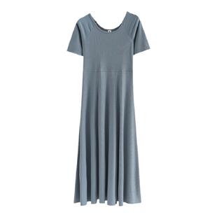 夏季新款短袖连衣裙长款纯白圆领修身显瘦A字裙纯色简约裙子内搭