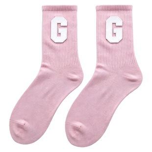 春秋袜子女字母G个性粉色中筒袜潮日韩网红纯色长筒袜运动外穿ins