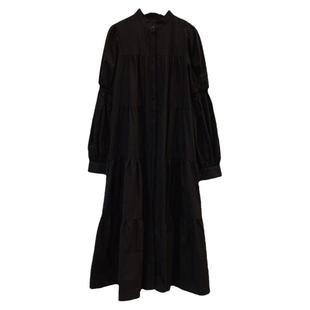 韩国chic法式气质立领单排扣宽松皱褶感泡泡袖衬衫式连衣裙长裙女