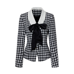 Ching's  法式复古撞色千鸟格外套 系带蝴蝶结收腰显瘦毛呢大衣秋