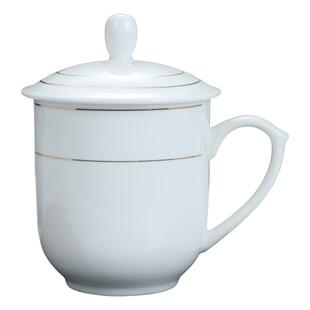 酒店宾馆茶杯带盖会议杯陶瓷金边白色办公室喝水杯子商务接待定制