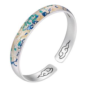 九乐足银999银手镯女珐琅龙凤呈祥开口纯银手镯中国风镯子送女友