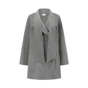 HENOS 25冬季新款设计师女装羊绒羊毛领巾设计双面呢短款大衣外套