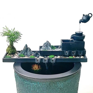 乌金石流水摆件水族循环增氧过滤器鱼缸瓦缸石槽配件中式生财摆件