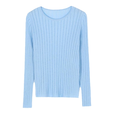 Basic House/百家好绵羊毛坑条针织衫女冬季新款纯色长袖打底上衣