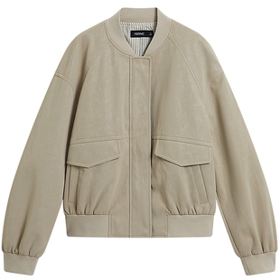 KBNE卡其色宽松短款罗纹领棒球服外套女2026春季新款显瘦皮衣夹克