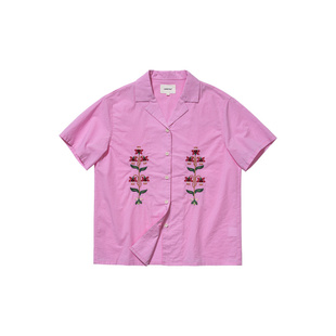 【现货】UNRETRO 美式古巴领绣花格纹短袖衬衫女夏季纯棉休闲衬衣
