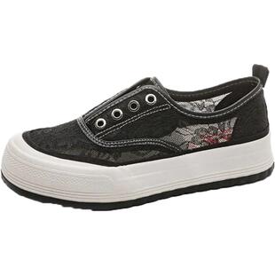 人本黑色蕾丝网面帆布鞋女2025新款夏季透气女鞋百搭板鞋厚底网鞋