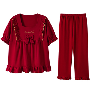 芬腾可安结婚睡衣新婚情侣套装红色本命年女款短袖长裤男士喜庆红