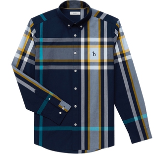 Hazzys哈吉斯春夏撞色格纹衬衫男纯棉商务上衣通勤休闲衬衣外套潮