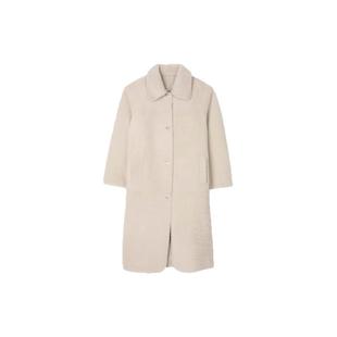 SANDRO秋冬女装法式简约质感羊毛革翻领系扣绒面长款毛呢大衣外套