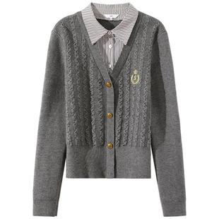 OSA欧莎学院风假两件针织衫2025年秋季新款女韩系衬衫领刺绣上衣