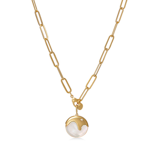 Neverfar贝母水流圆牌项链毛衣链时尚职场轻奢复古百搭饰品女