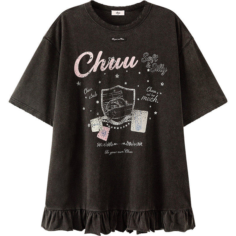 CHUU荷叶边拼接T恤女2026夏季新品个性字母印花宽松圆领短袖上衣