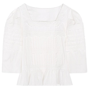今屿花花 春装女款2026年新款白色法式七分袖衬衫女方领套头上衣