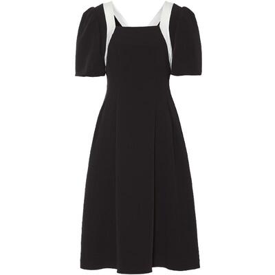 FIVE PLUS连衣裙女泡泡袖设计感露背中长款小黑裙女春装