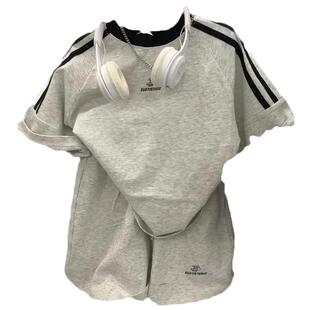 男童短袖套装纯棉夏季男孩中大童帅气杠条半袖t恤短裤运动两件套