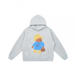 EMPTY REFERENCE 小熊公文包麻灰手绘印花宽松帽衫重磅连帽卫衣