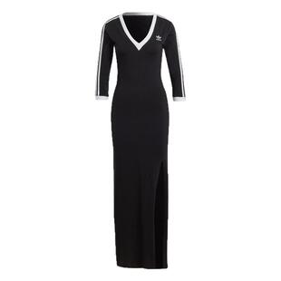 阿迪达斯2025春新款复古侧开叉长款V领中袖女连衣裙IK0439 JX5193