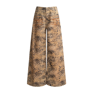 【25年秋】UNIFREEPLUS大码豹纹印花牛仔裤女低腰直筒阔腿拖地裤