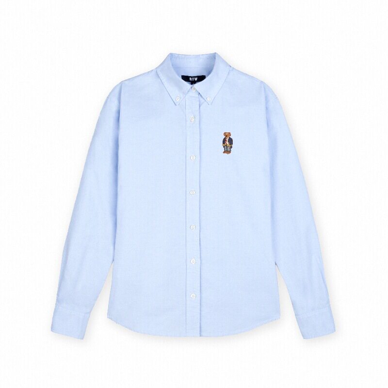R2W长袖衬衫女白色修身显瘦美式小熊通勤纯棉薄型牛津布外套衬衣