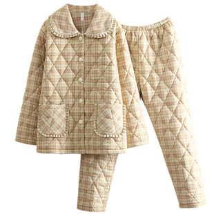 加肥加大薄款纯棉夹棉睡衣女冬季全棉保暖格子薄棉睡衣家居服套装