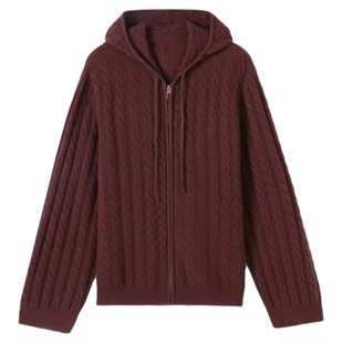 朱珠时装周同款咖色连帽毛衣开衫女秋冬季慵懒高级感镂空针织外套